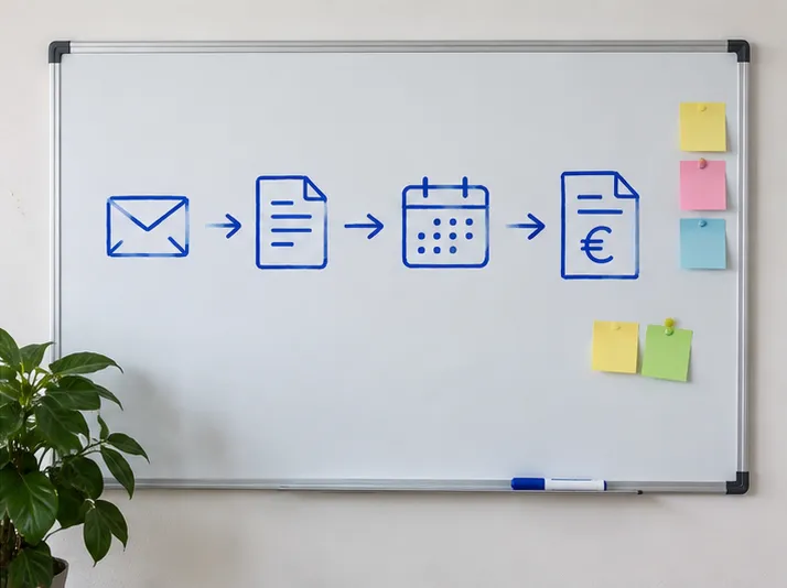 Schéma d'automatisation reliant emails, facturation et CRM