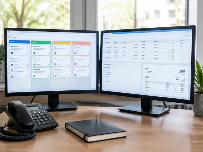 Écran d'un CRM et d'un ERP sur mesure côte à côte